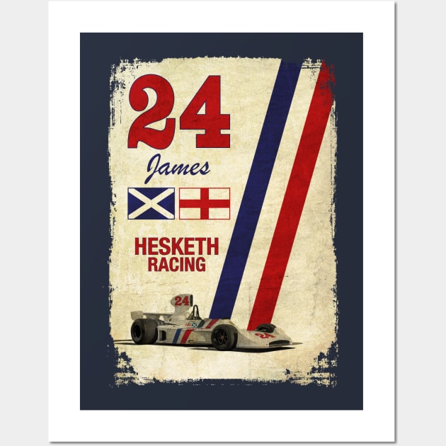 Retro Formula 1 Hesketh Racing James Hunt 24 T-Shirt Wall Art by funkymonkeytees